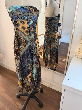 Free People Bohemian Strapless Patchwork Midi Dress in Navy, Mustard & Teal